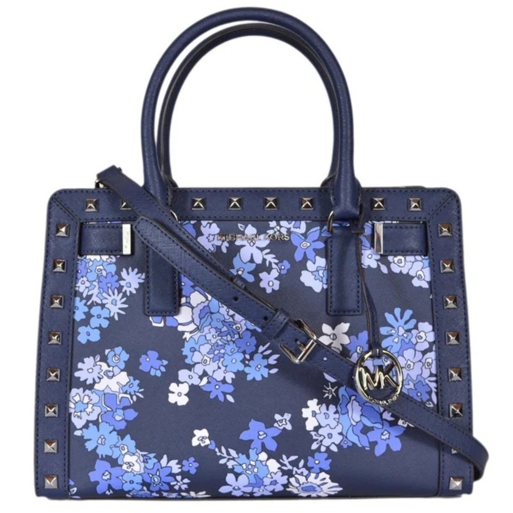 Michael Kors Navy and Light Blue Floral Dillon Satchel